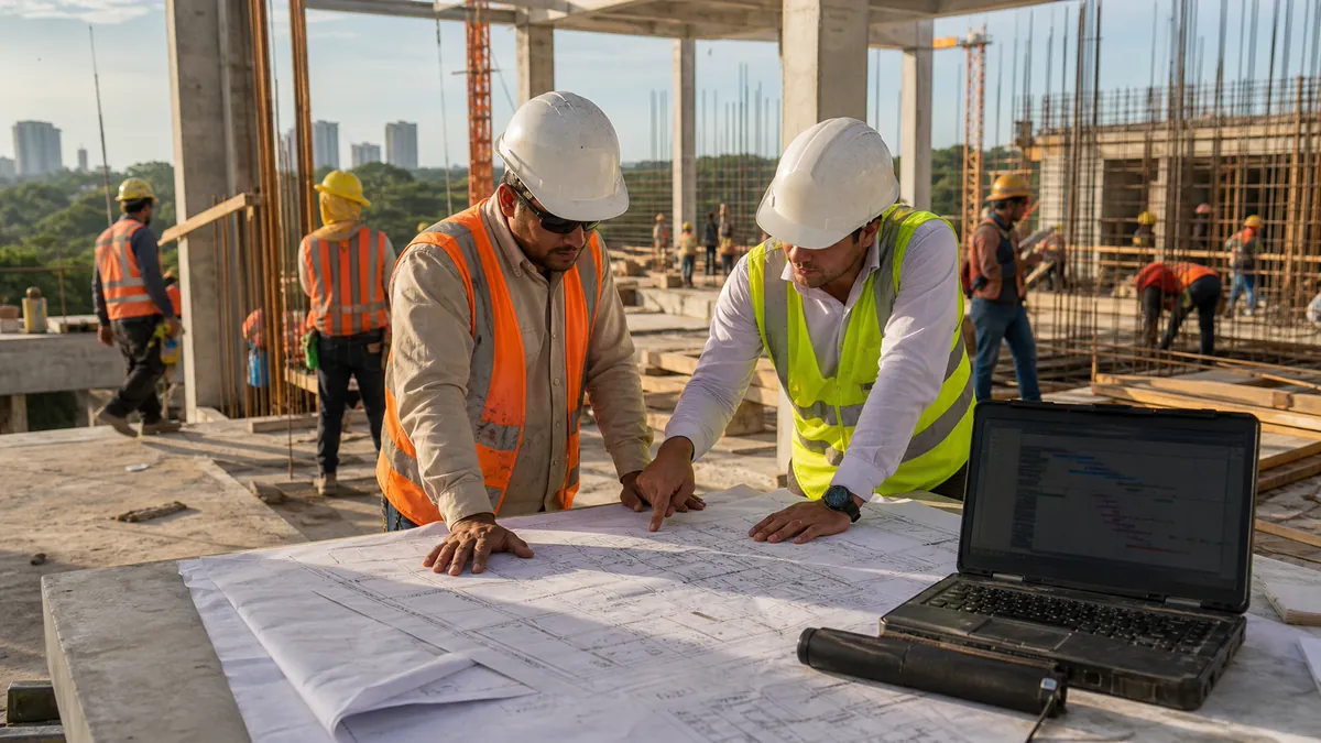 Dos ingenieros revisan planos sobre una mesa en una obra en construcción, junto a un portátil