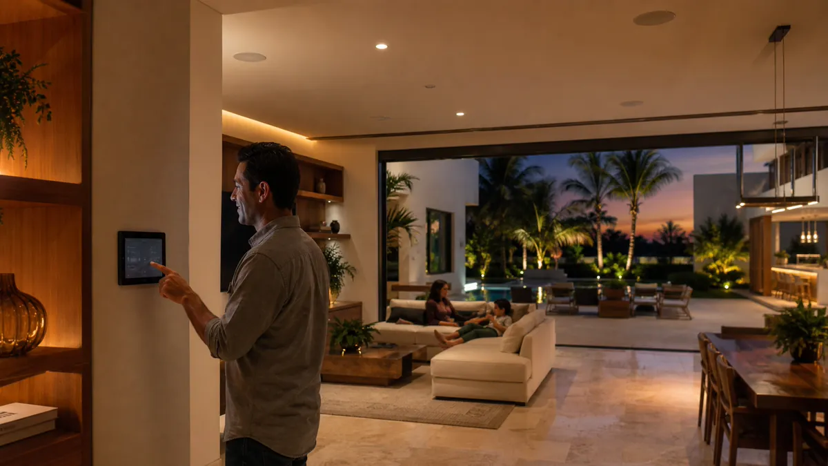 Una persona controla la iluminación de una casa desde un panel en la pared, con la piscina y palmeras al fondo