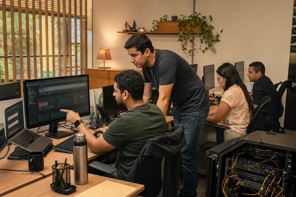 Un técnico sentado señala un tablero de monitoreo en su pantalla mientras un compañero de pie lo revisa; al fondo, dos personas trabajan en sus escritorios y en primer plano hay un rack de red con cables naranja