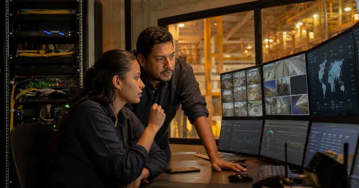 Dos técnicos revisando el muro de cámaras y los tableros de operación de una planta industrial