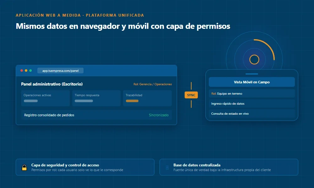 Panel administrativo en el navegador y vista móvil para el equipo en campo, sincronizados sobre la misma base de datos con control de acceso por rol